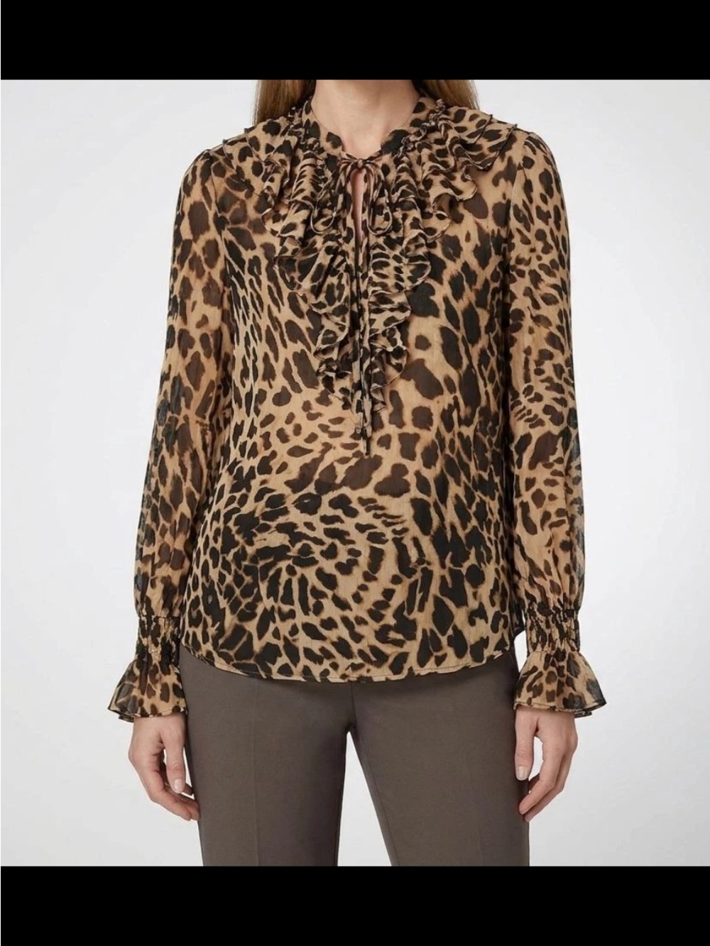 Kobi Halperin Leopard Print Ruffle Tie-Neck Blouse - Brown/Black